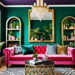 A female professional, fully clothed in a modest business casual dress, standing composedly in a vibrantly decorated maximalist living room. The room features an emerald green accent wall behind a deep pink velvet sofa adorned with animal print and geometric cushions. A large, ornate gold-framed mirror reflects a collection of unique, personally curated art pieces and decorative items on a multi-functional coffee table with hidden storage. Floor-to-ceiling bookshelves are filled with books, plants, and exotic trinkets. Layered lighting from an artistic floor lamp and a crystal pendant chandelier illuminates the space. The overall ambiance is richly detailed yet harmoniously organized, celebrating abundance with sophisticated flair. safe for work, appropriate content, fully clothed, professional, perfect anatomy, correct proportions, natural pose, well-formed hands, proper finger count, natural body proportions, professional photography, high quality, family-friendly.