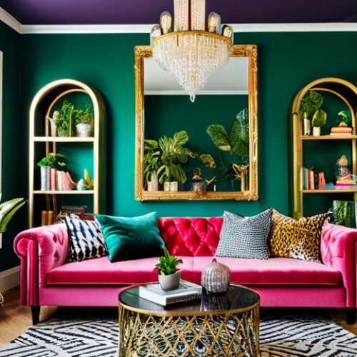 Home 4 A female professional, fully clothed in a modest business casual dress, standing composedly in a vibrantly decorated maximalist living room. The room features an emerald green accent wall behind a deep pink velvet sofa adorned with animal print and geometric cushions. A large, ornate gold-framed mirror reflects a collection of unique, personally curated art pieces and decorative items on a multi-functional coffee table with hidden storage. Floor-to-ceiling bookshelves are filled with books, plants, and exotic trinkets. Layered lighting from an artistic floor lamp and a crystal pendant chandelier illuminates the space. The overall ambiance is richly detailed yet harmoniously organized, celebrating abundance with sophisticated flair. safe for work, appropriate content, fully clothed, professional, perfect anatomy, correct proportions, natural pose, well-formed hands, proper finger count, natural body proportions, professional photography, high quality, family-friendly.