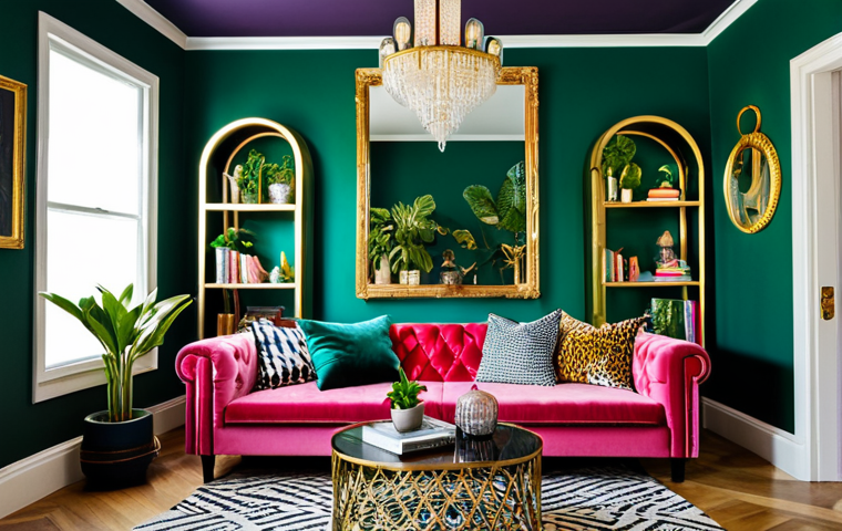 A female professional, fully clothed in a modest business casual dress, standing composedly in a vibrantly decorated maximalist living room. The room features an emerald green accent wall behind a deep pink velvet sofa adorned with animal print and geometric cushions. A large, ornate gold-framed mirror reflects a collection of unique, personally curated art pieces and decorative items on a multi-functional coffee table with hidden storage. Floor-to-ceiling bookshelves are filled with books, plants, and exotic trinkets. Layered lighting from an artistic floor lamp and a crystal pendant chandelier illuminates the space. The overall ambiance is richly detailed yet harmoniously organized, celebrating abundance with sophisticated flair. safe for work, appropriate content, fully clothed, professional, perfect anatomy, correct proportions, natural pose, well-formed hands, proper finger count, natural body proportions, professional photography, high quality, family-friendly.