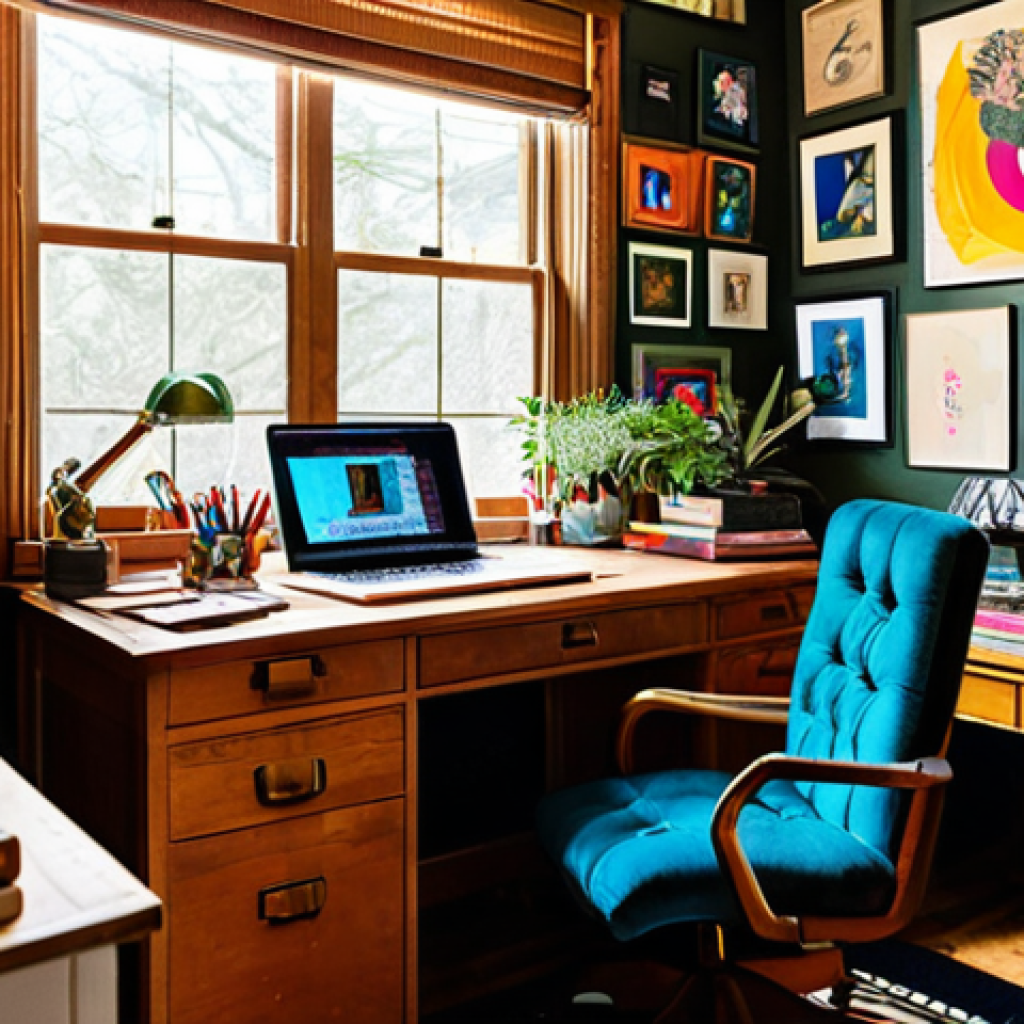 Maximalist Home Office**

"A vibrant, maximalist home office space. Walls are adorned with colorful artwork displaying social justice themes. A desk cluttered with books, sustainable art supplies, and a vintage laptop. The person is not present. Fully clothed, appropriate content, safe for work, professional interior design photography, perfect anatomy, natural proportions, high quality."

**
