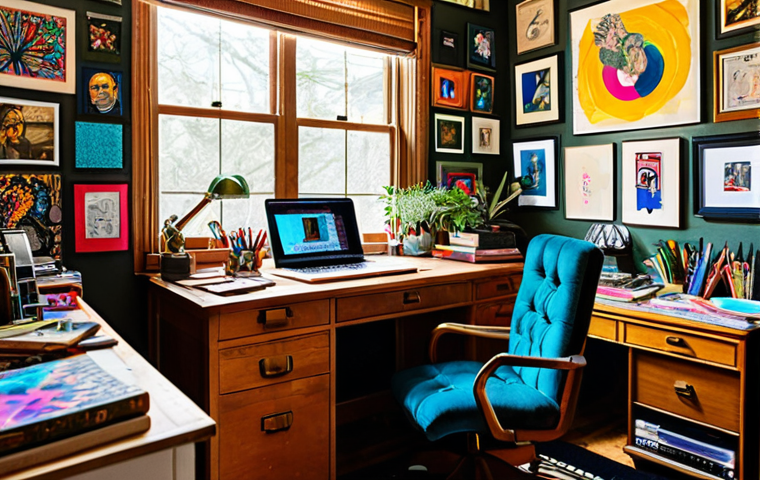 Maximalist Home Office**

"A vibrant, maximalist home office space. Walls are adorned with colorful artwork displaying social justice themes. A desk cluttered with books, sustainable art supplies, and a vintage laptop. The person is not present. Fully clothed, appropriate content, safe for work, professional interior design photography, perfect anatomy, natural proportions, high quality."

**
