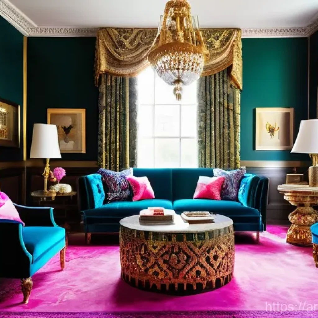 트렌디한 맥시멀리즘 인테리어 아이템 - **Prompt:** A luxurious and vibrant maximalist living room. The focal point is a grand, emerald gree...