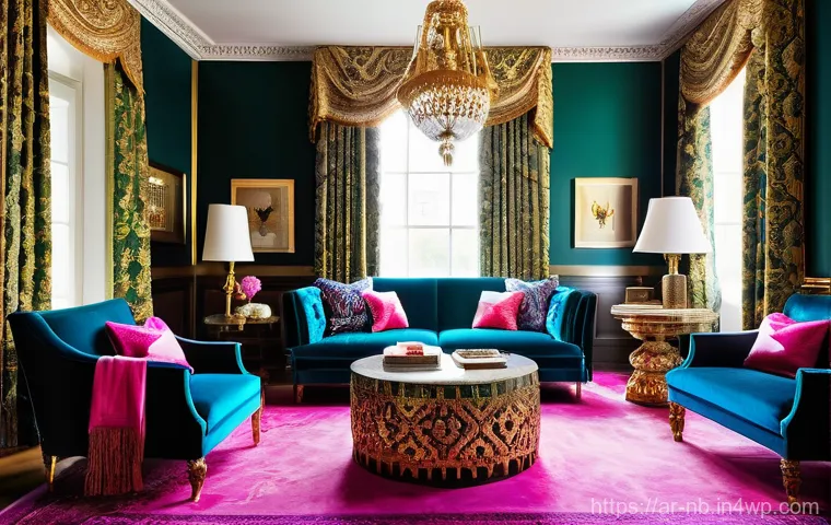 트렌디한 맥시멀리즘 인테리어 아이템 - **Prompt:** A luxurious and vibrant maximalist living room. The focal point is a grand, emerald gree...