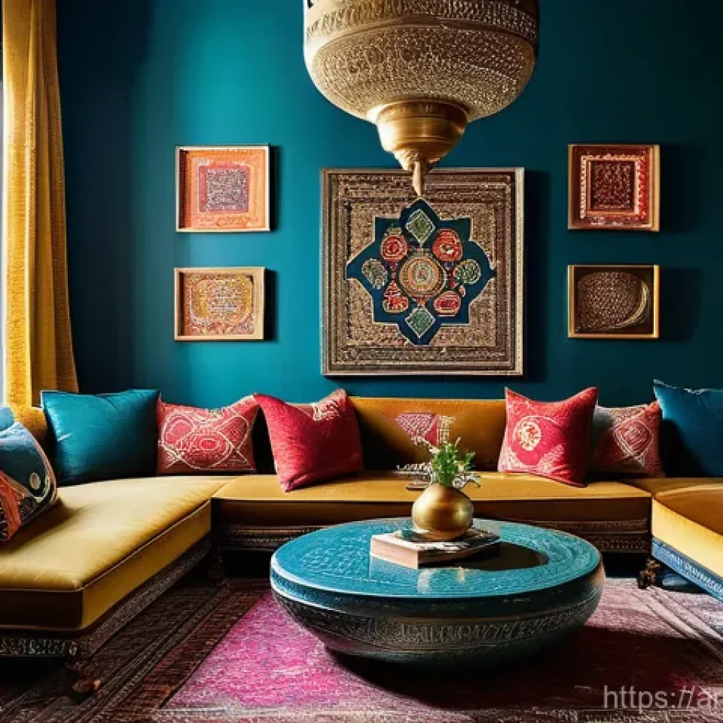 작은 공간에서의 맥시멀리즘 인테리어 - A cozy, small living room designed in a vibrant maximalist style with strong Middle Eastern influenc...