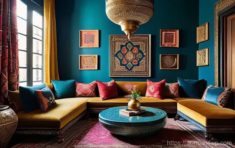 작은 공간에서의 맥시멀리즘 인테리어 - A cozy, small living room designed in a vibrant maximalist style with strong Middle Eastern influenc...