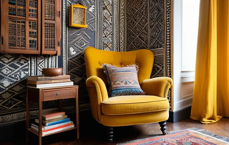 작은 공간에서의 맥시멀리즘 인테리어 - A cozy, small living room designed in a vibrant maximalist style with strong Middle Eastern influenc...