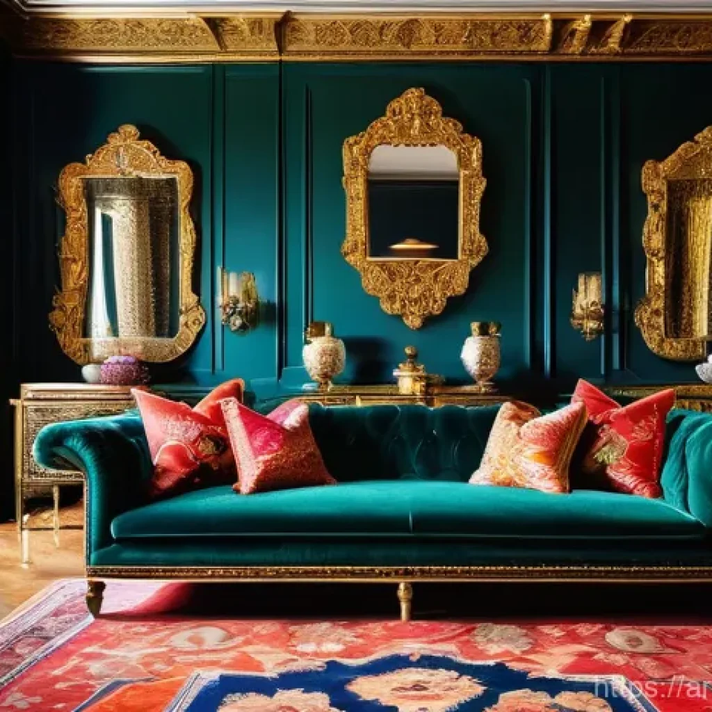 맥시멀리즘 인테리어 필수 요소 - **"A maximalist living room interior, overflowing with vibrant colors and meticulously layered patte...