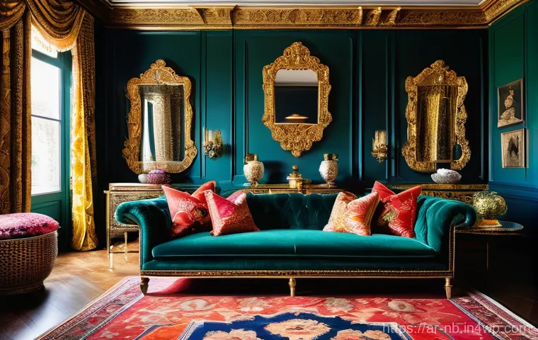 맥시멀리즘 인테리어 필수 요소 - **"A maximalist living room interior, overflowing with vibrant colors and meticulously layered patte...