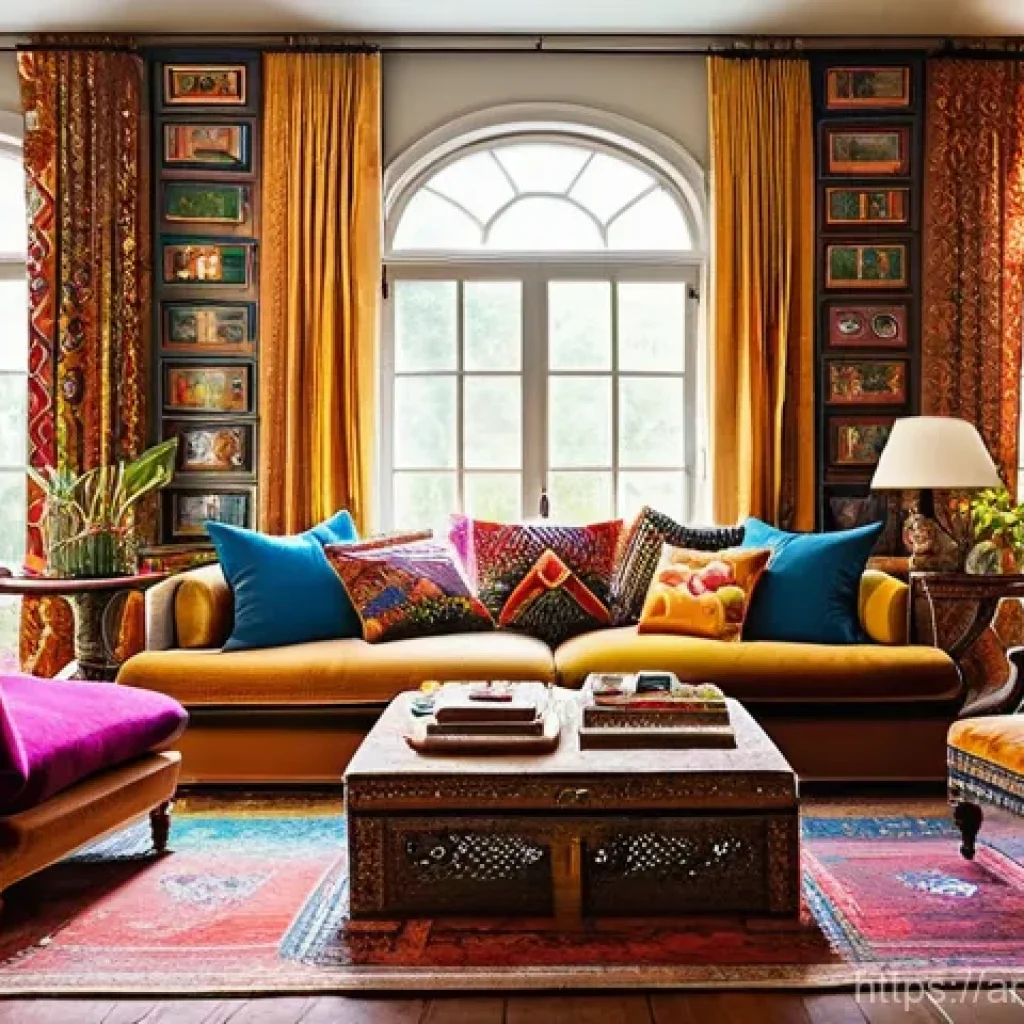 트렌드 분석  맥시멀리즘은 지속 가능한가 - **Sustainable Maximalist Living Room:** A cozy and vibrant living room brimming with character. The ...