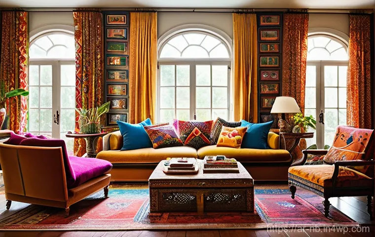 트렌드 분석  맥시멀리즘은 지속 가능한가 - **Sustainable Maximalist Living Room:** A cozy and vibrant living room brimming with character. The ...