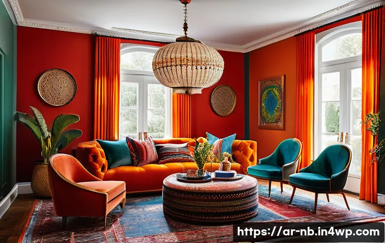 작품과 생활이 어우러지는 맥시멀리즘 - A vibrant living room interior inspired by maximalism, featuring a harmonious balance of bright warm...