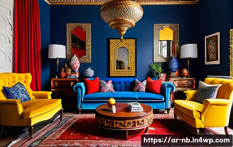 맥시멀리즘 vs 미니멀리즘  둘 중 무엇이 나에게 맞을까 - A vibrant maximalist living room filled with bright, saturated colors like crimson red, sunny yellow...