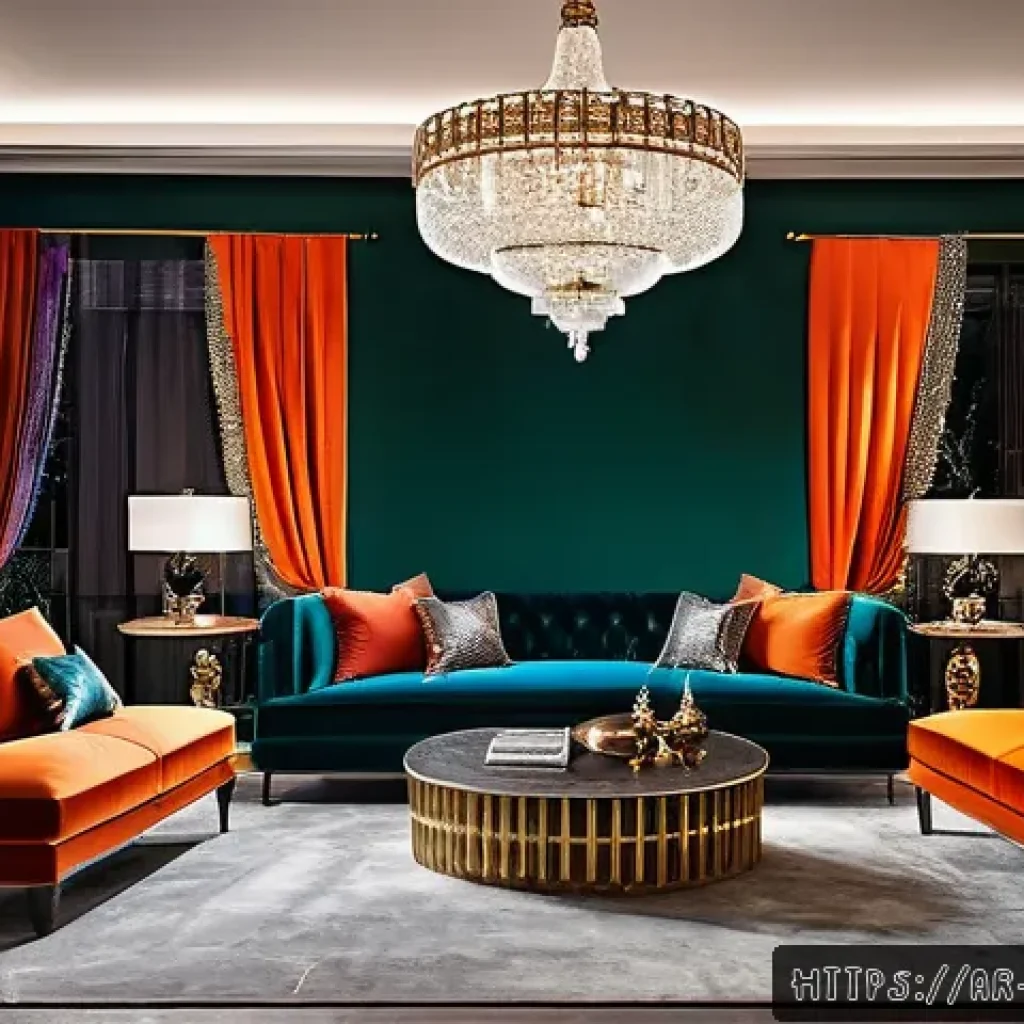 맥시멀리즘 인테리어를 위한 소재 선택 - A luxurious maximalist living room interior featuring bold, contrasting colors such as deep crimson ...