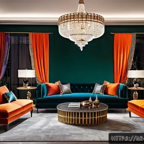 Home 15 맥시멀리즘 인테리어를 위한 소재 선택 - A luxurious maximalist living room interior featuring bold, contrasting colors such as deep crimson ...