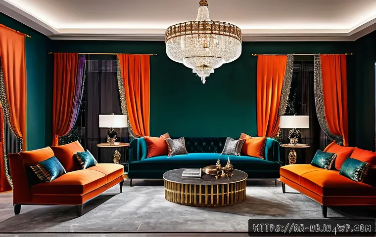 맥시멀리즘 인테리어를 위한 소재 선택 - A luxurious maximalist living room interior featuring bold, contrasting colors such as deep crimson ...