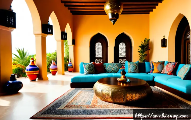 Home 17 맥시멀리즘 인테리어의 문화적 배경 - Photorealistic maximalist living room in an affluent contemporary Arab home, layered jewel-toned cus...