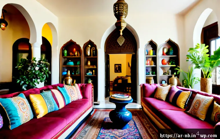 Home 17 맥시멀리즘 인테리어를 위한 가이드북 - Photorealistic maximalist living room in an elegant Arab family home, richly layered jewel-toned sof...