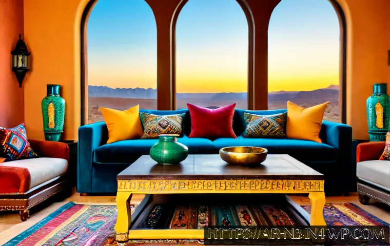 맥시멀리즘 가구 추천 리스트 - Photorealistic upscale Arab maximalist living room, jewel-toned velvet sofa, carved wooden coffee ta...